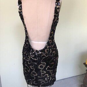 Nicole Bakti Black & Gold Sequined dress with a sheer mesh open back Sz L